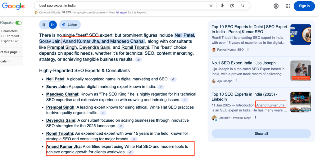 AI Overview Result - Query- Best SEO Expert in India anandkjha appear in Google ai overview on top seo expert in india